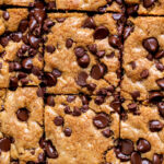 Top of baked brown butter chocolate chip cookie bars.