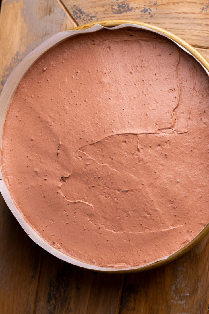 Chocolate mousse on top of cake.