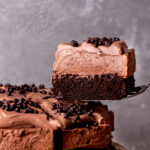 Taking a slice out of the chocolate mousse cake.