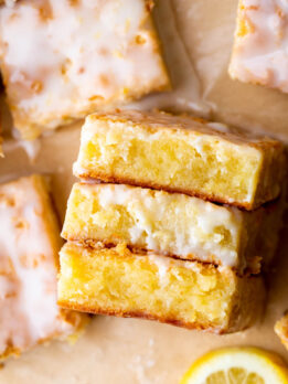 Top view of three lemon brownies.