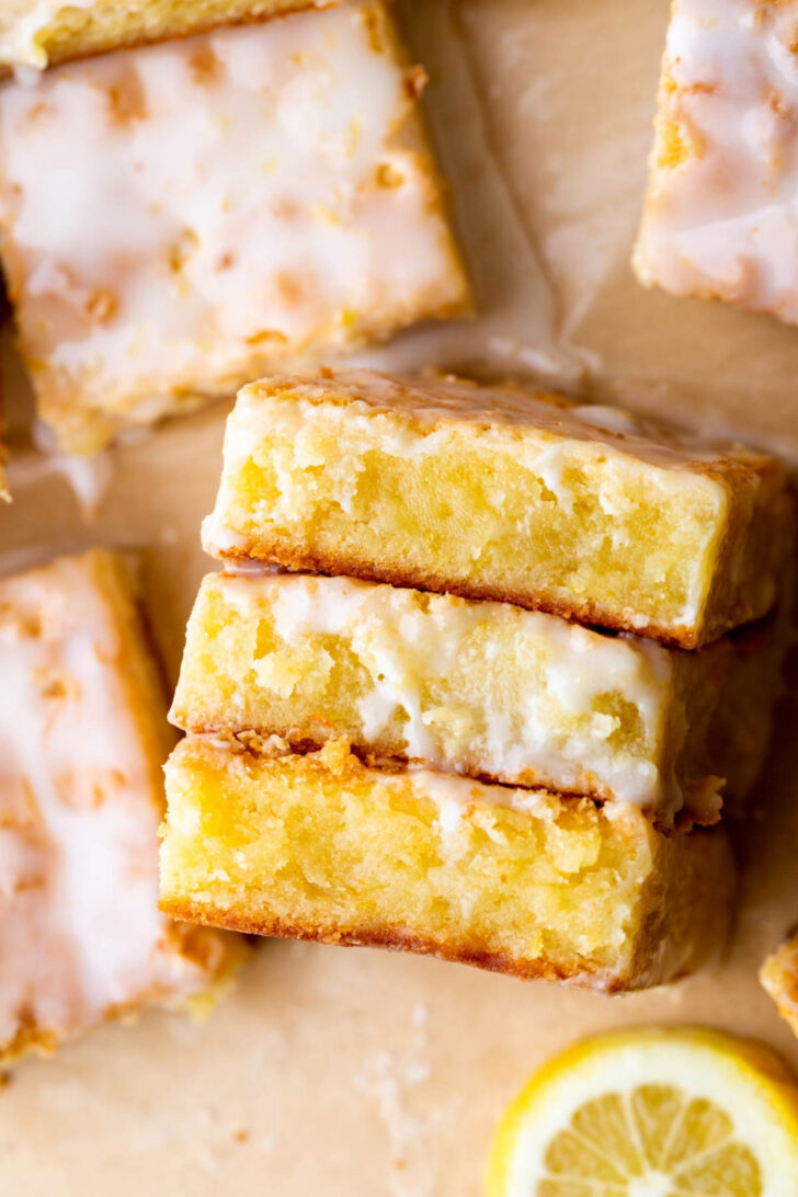 Top view of three lemon brownies.