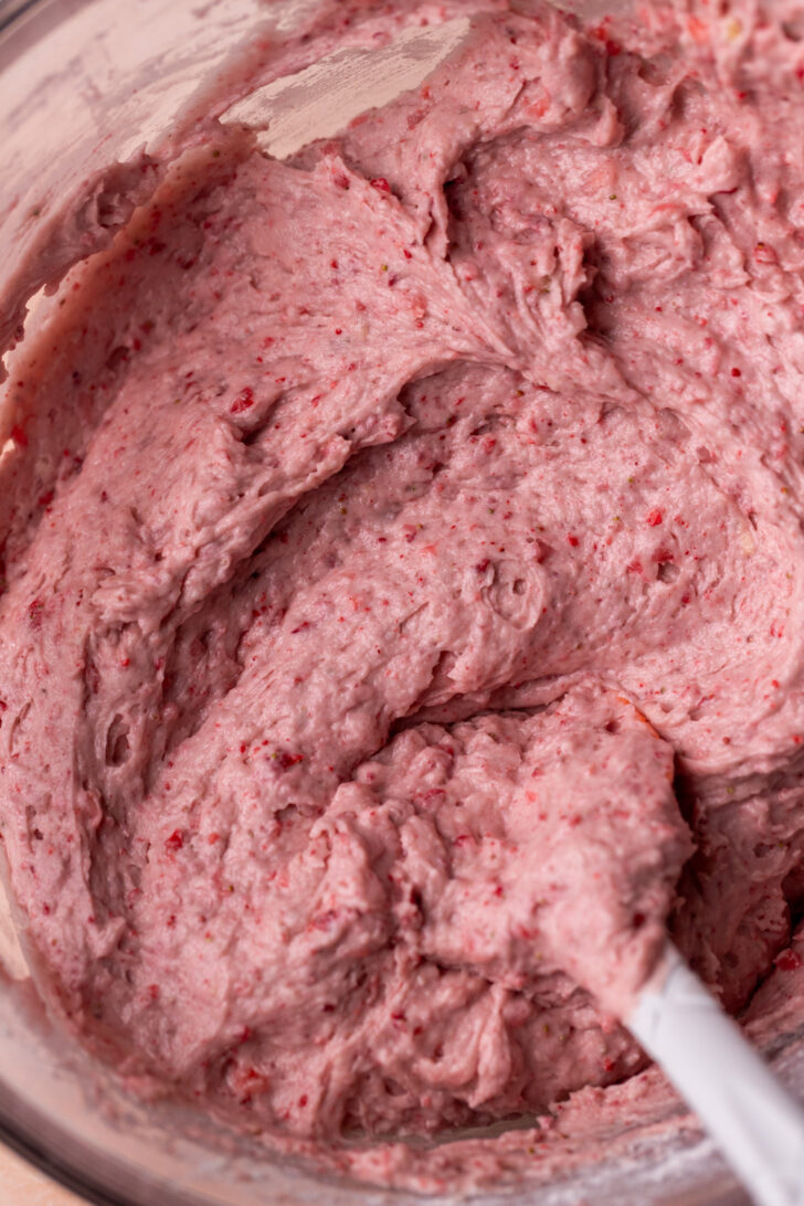 Strawberry cake batter in a bowl.
