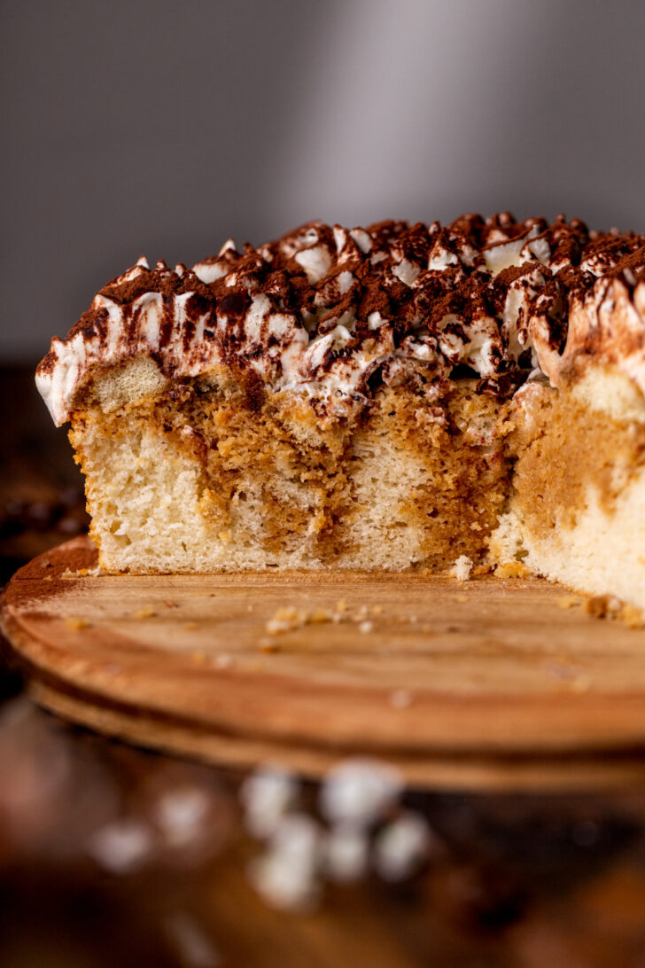 Tiramisu cake split in half.