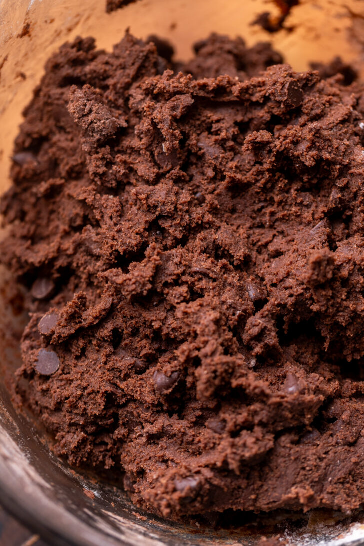Chocolate cookie dough in a bowl.