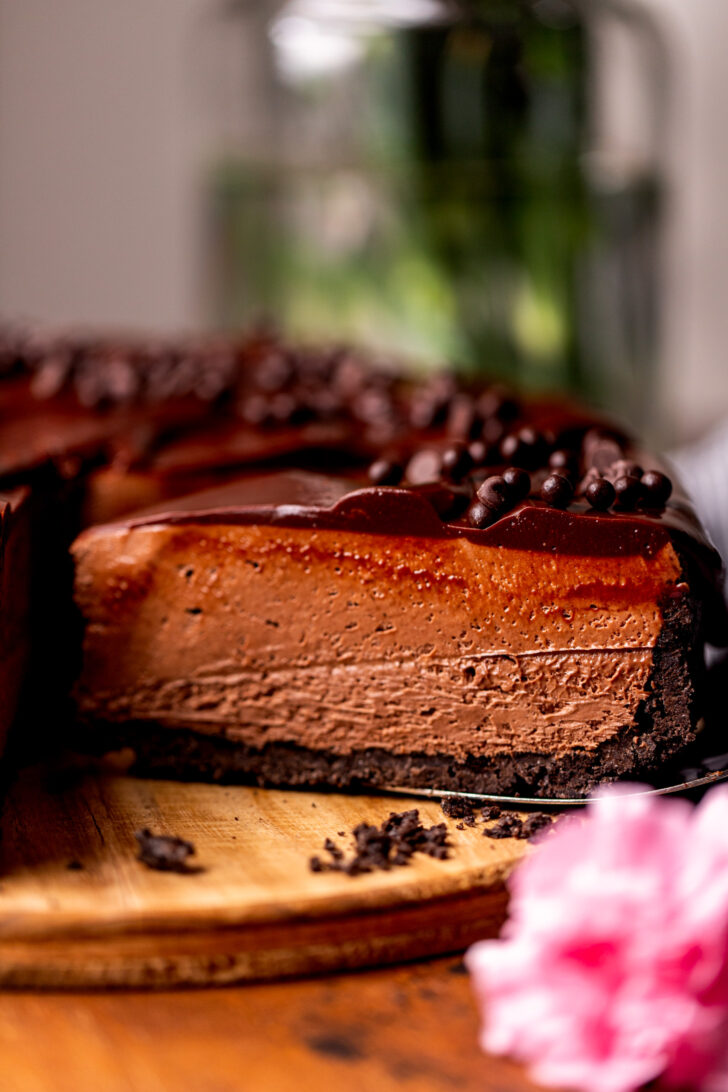 Slice taking out of the no bake chocolate cheesecake.