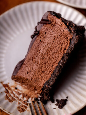 Top view of a slice of no bake chocolate cheesecake.