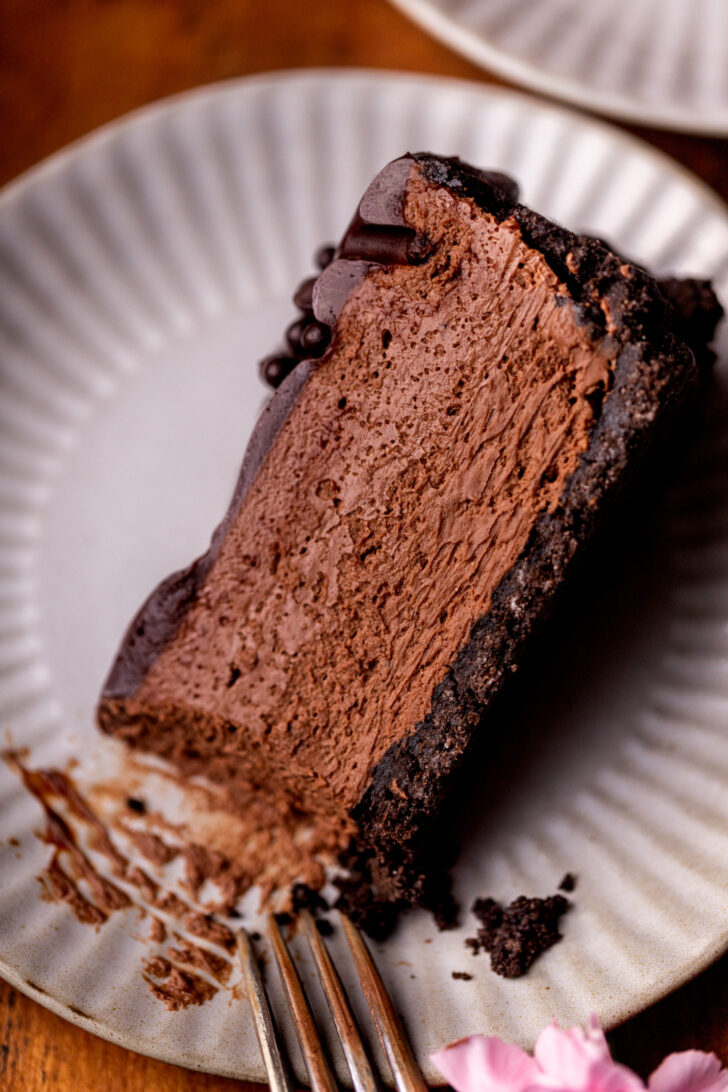 Top view of a slice of no bake chocolate cheesecake.