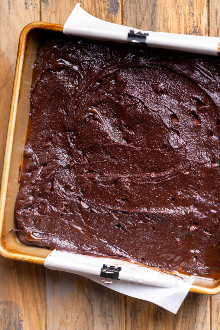 Brownie batter in the pan.