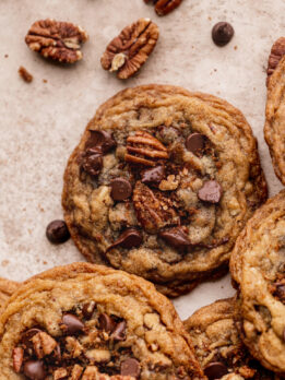 Top view of 1 pecan chocolate chip cookies.