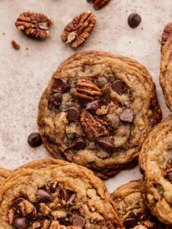Top view of 1 pecan chocolate chip cookies.