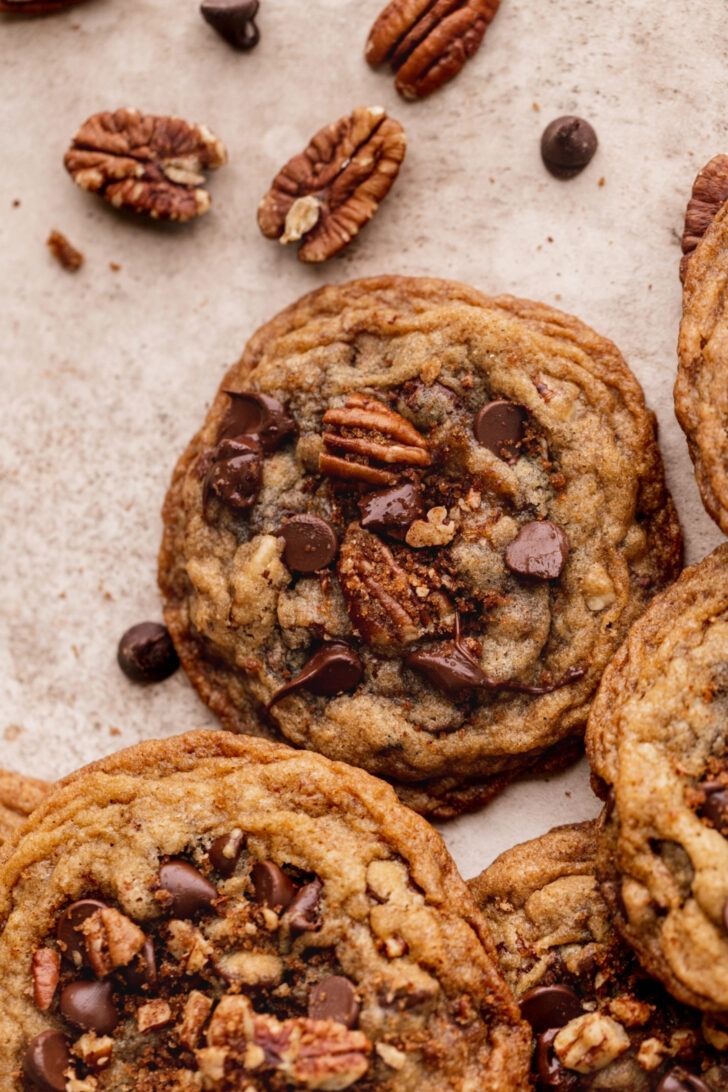 Top view of 1 pecan chocolate chip cookies.