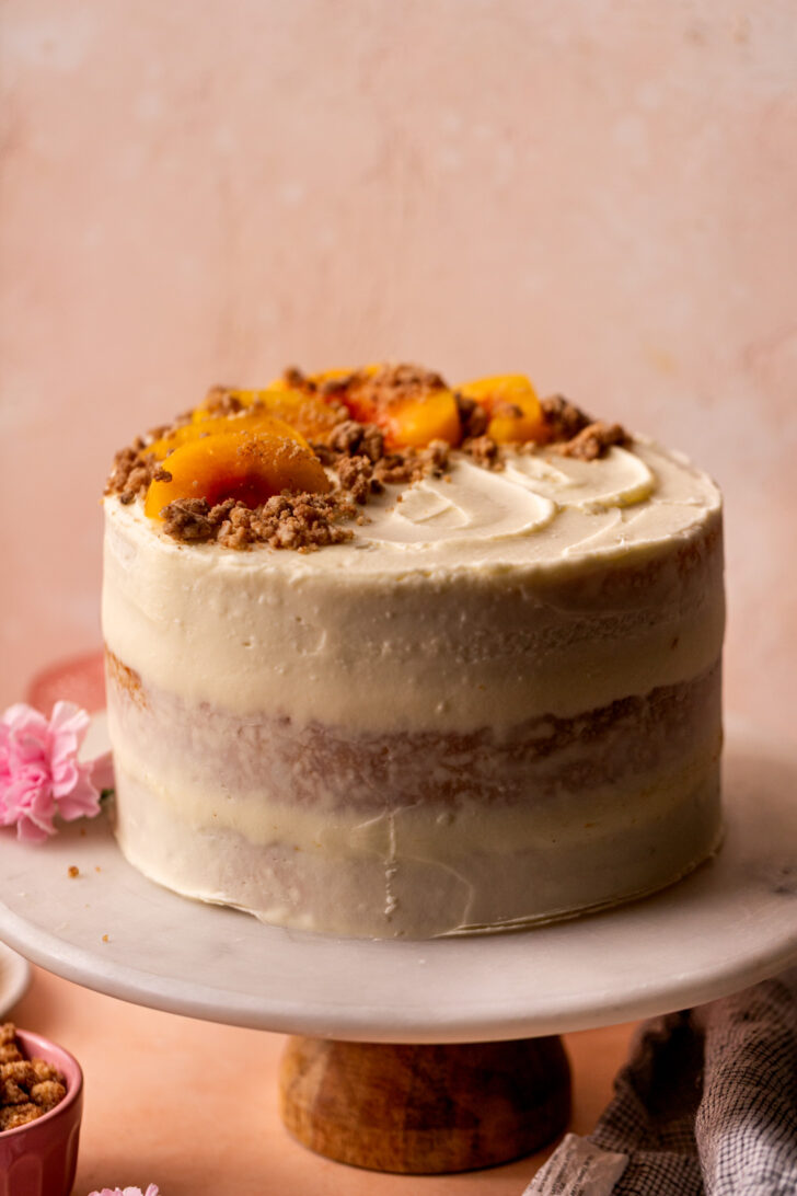 Decorated cake on a cake stand.