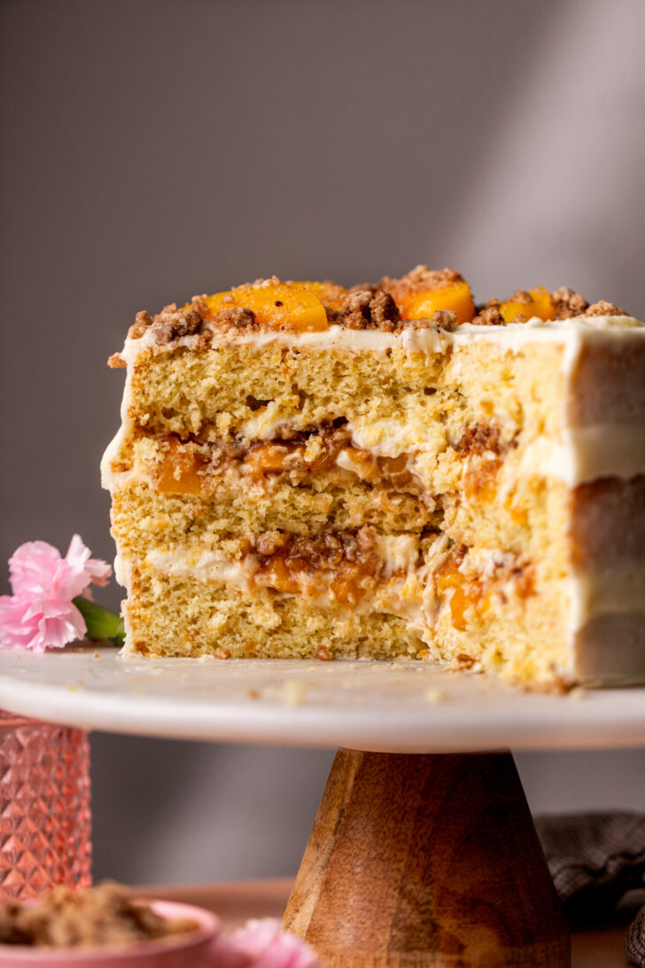 Side view of cake on a cake stand.