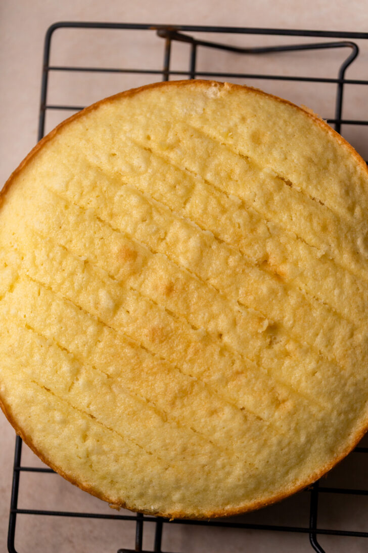Baked cake on a wire rack.