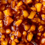 Close up of peach pie filling.