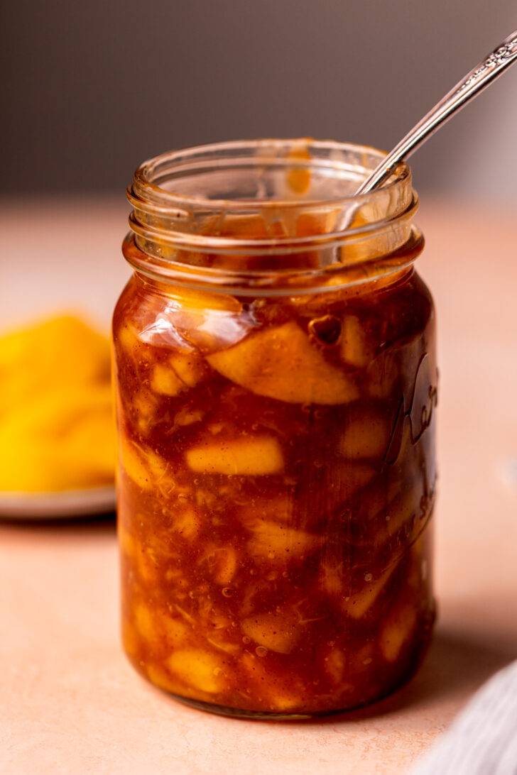 Peach pie filling in a jar.