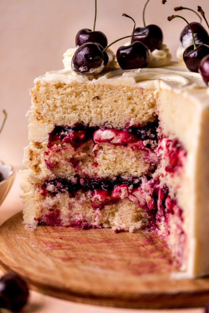 Close up of the side of the white forest cake.
