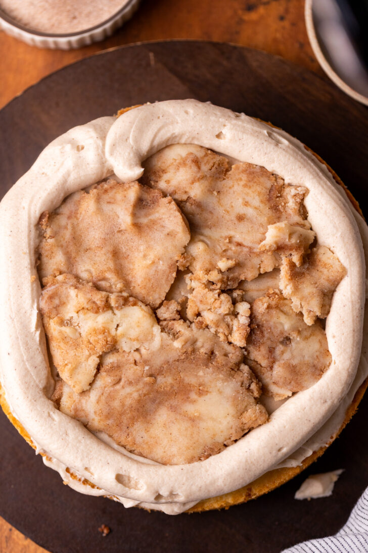 Cookie dough on top of cake.