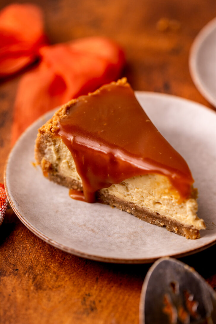 Top view of a slice of caramel cheesecake.