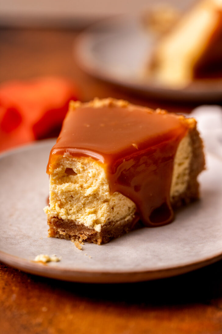 Bite missing from cheesecake.