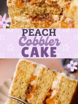 Pinterest pin for peach cobbler cake.