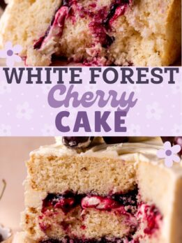 Pinterest pin for white forest cake.
