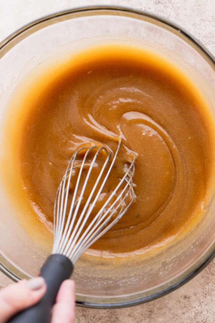 Wet ingredients in a bowl.