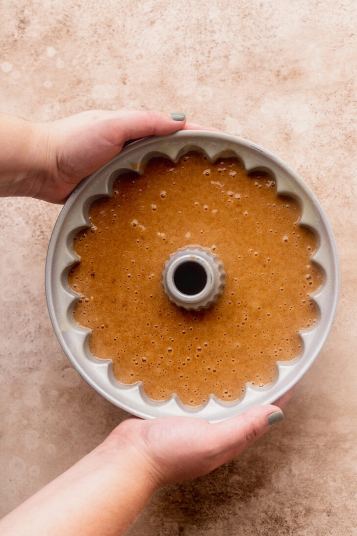 Cake batter in the pan.