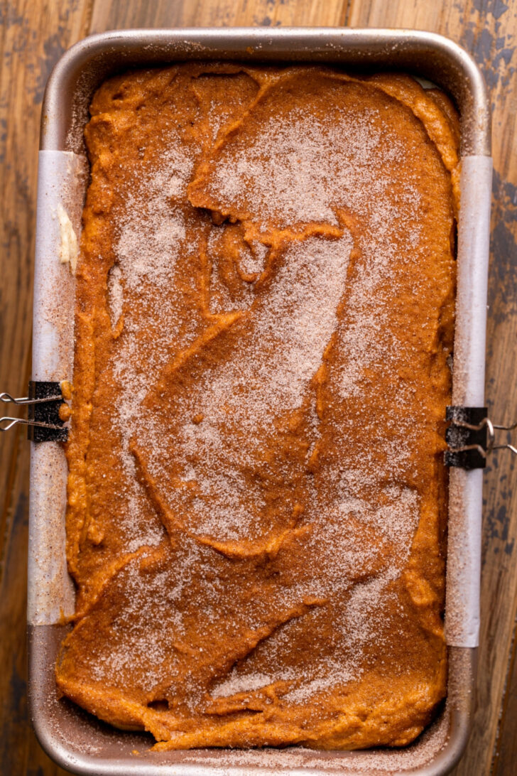Cinnamon sugar on top of batter in the pan.