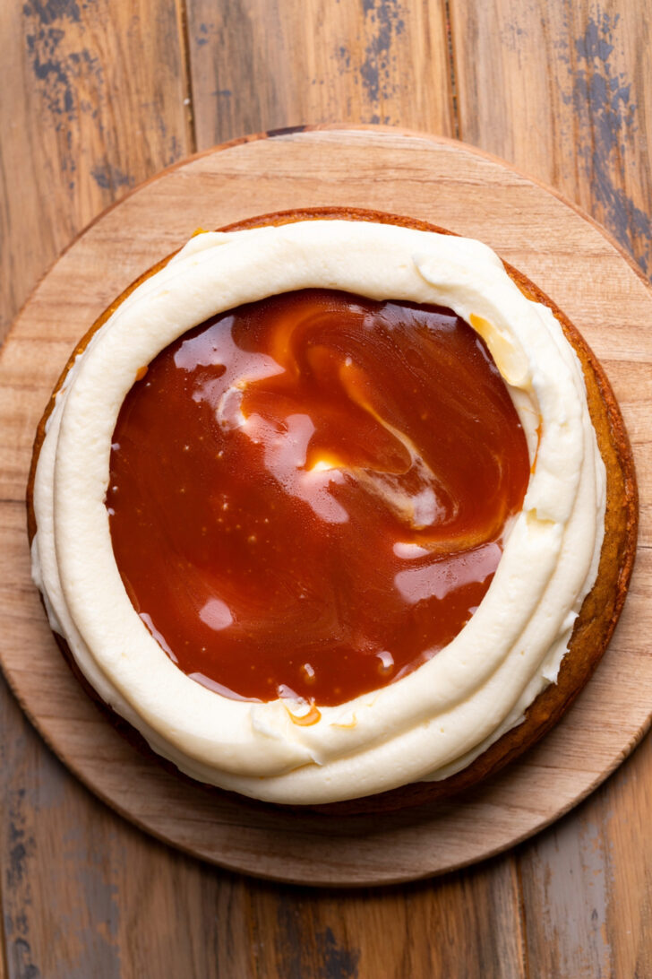 Caramel on top of cake.