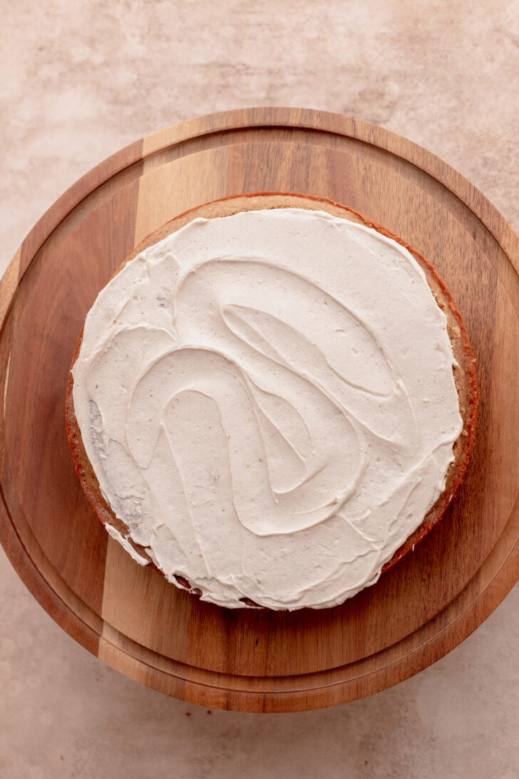 Caramel frosting on top of cake.