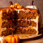 Side view of pumpkin caramel cake.