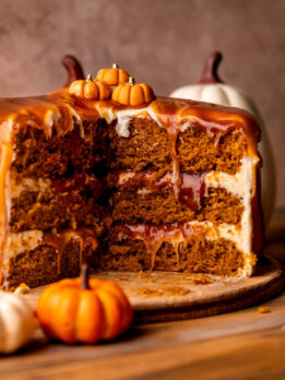 Side view of pumpkin caramel cake.