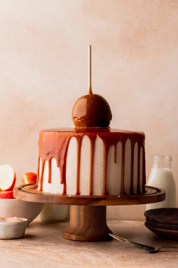 Decorated cake on a cake stand.