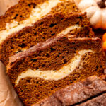 Top view of pumpkin cream cheese bread sliced up.