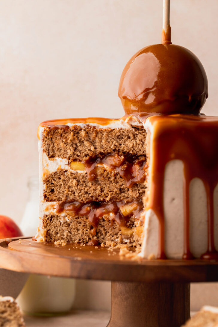 Close up of the cake split in half.