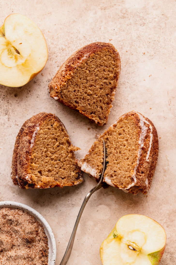 Three slices of cake on its side.