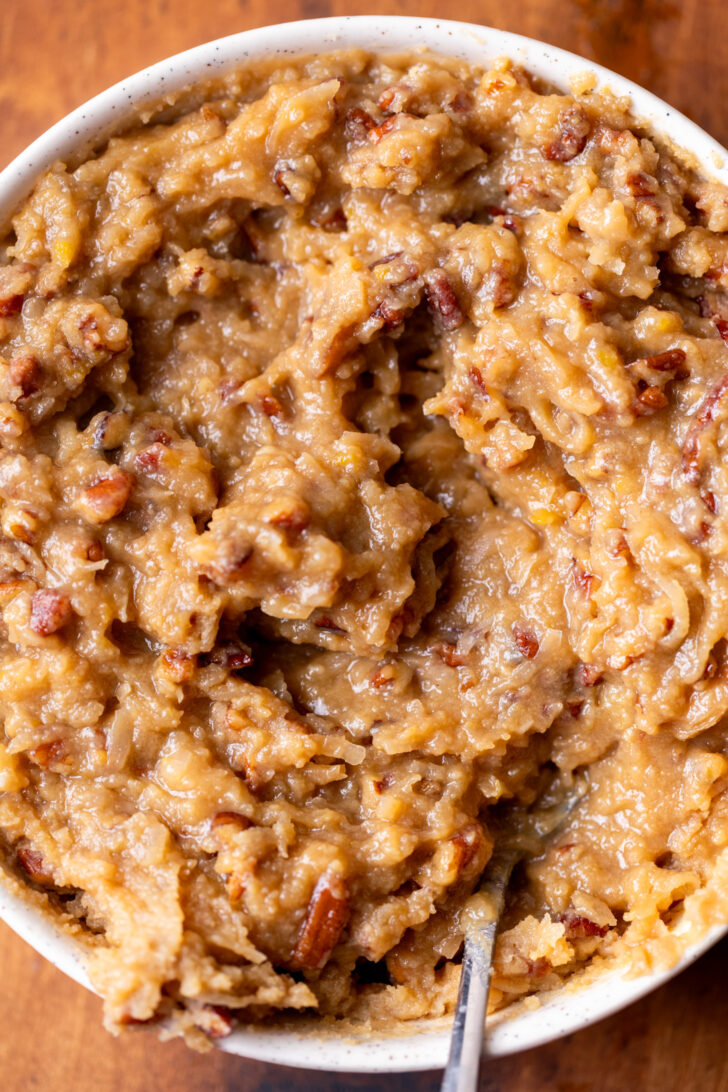 Coconut pecan frosting in a bowl.