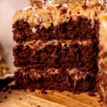 Side view of german chocolate cake.