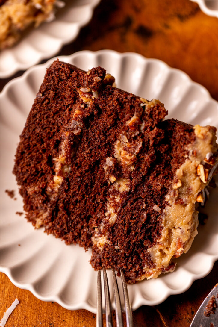 Slice of german chocolate cake on a plate.