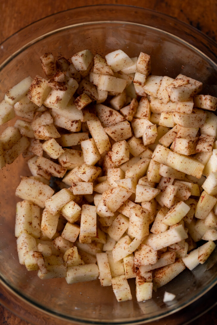 Diced apples in a bowl.
