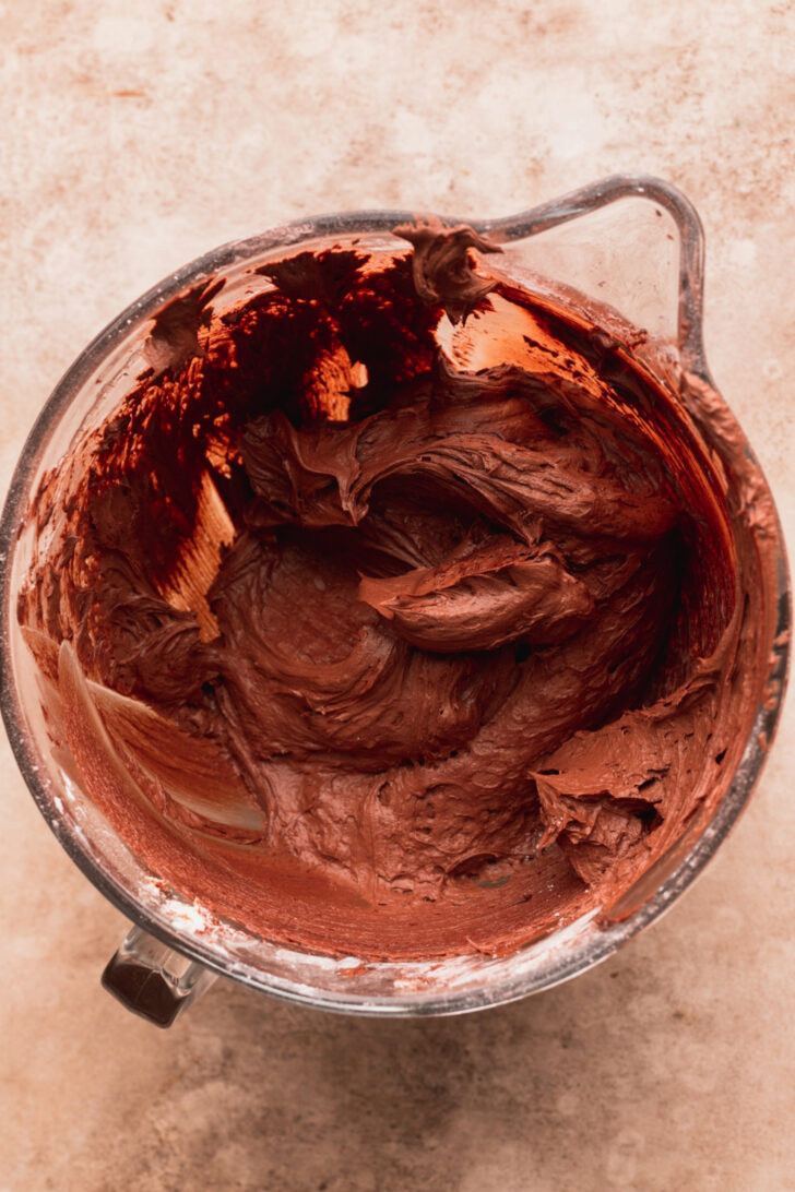 Chocolate cream cheese frosting in a bowl.