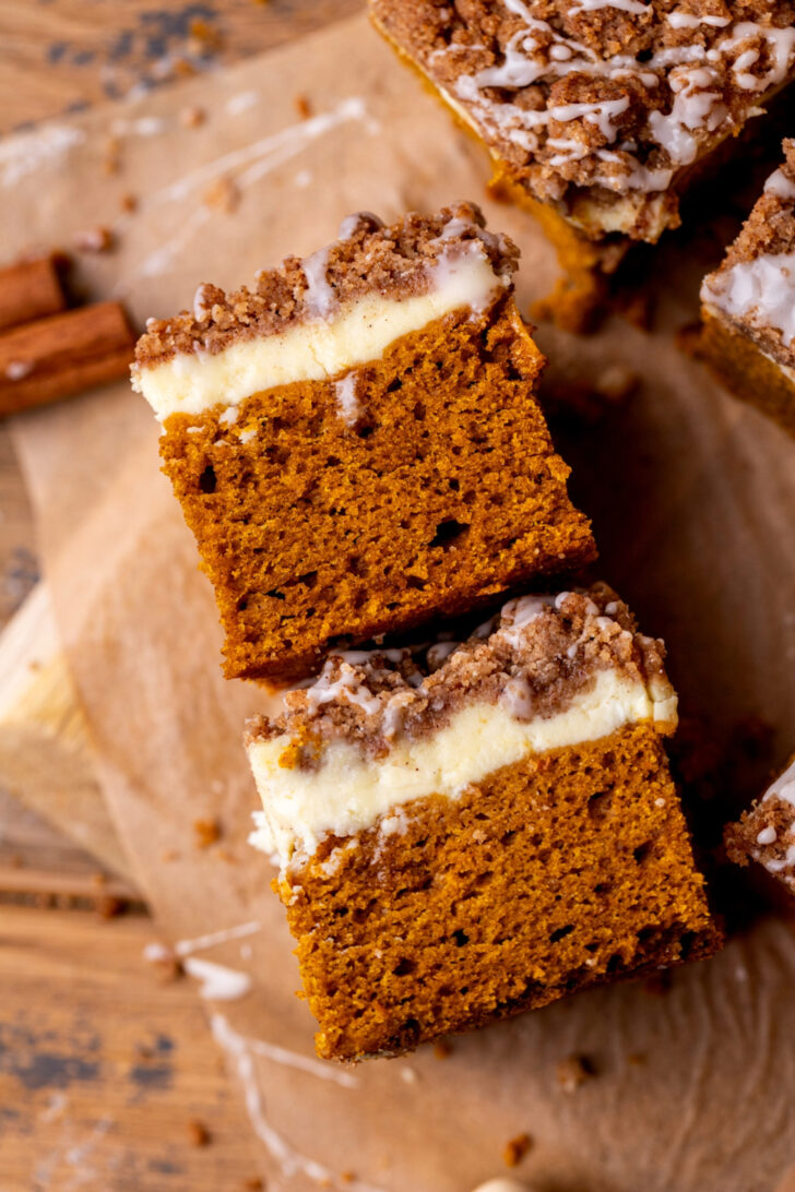 Top view of two slices of cake.
