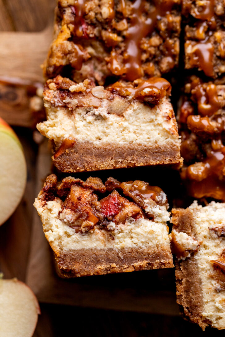 Two cheesecake bars on its side.