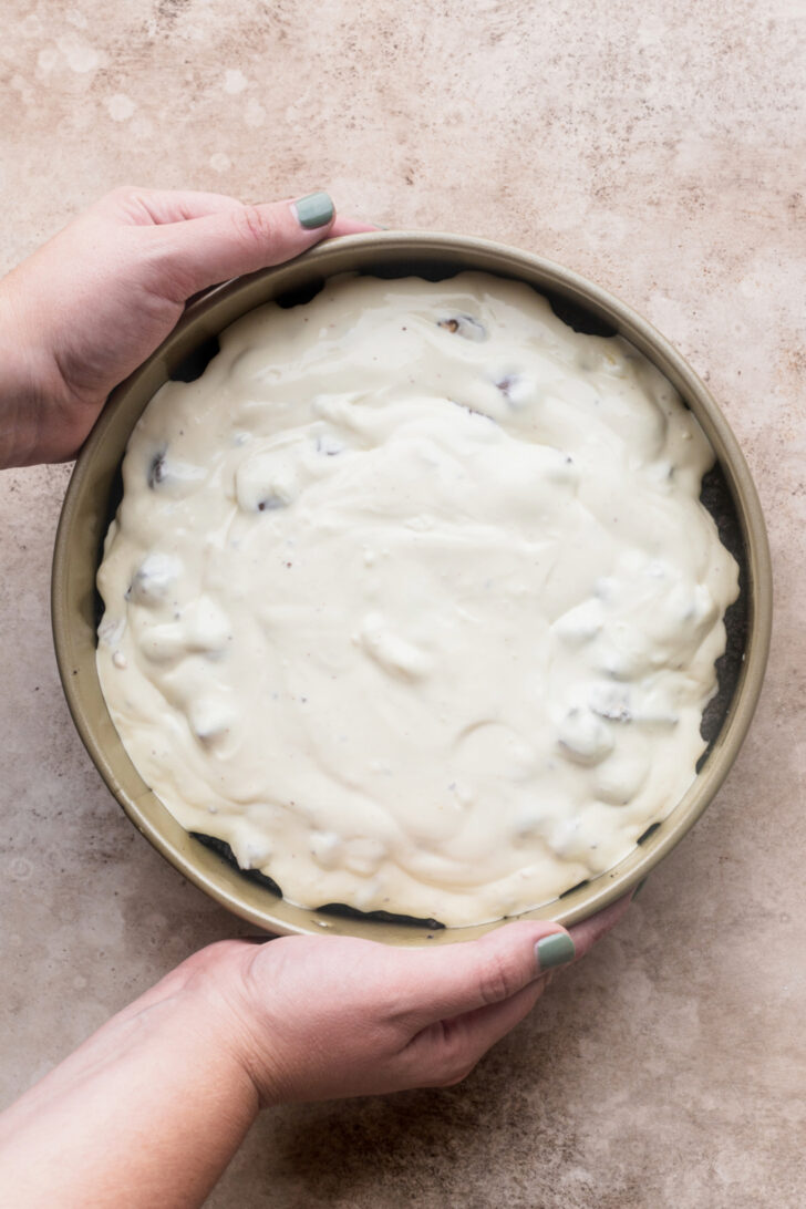 Cheesecake batter in the pan.