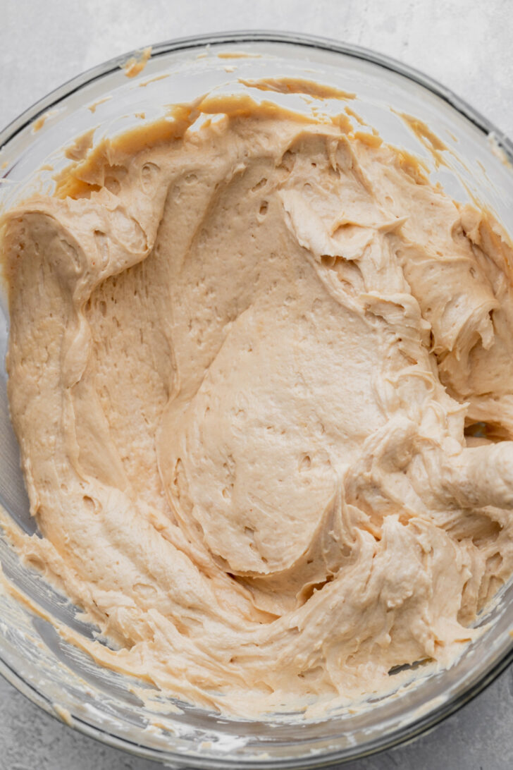 Peanut butter batter in a bowl.