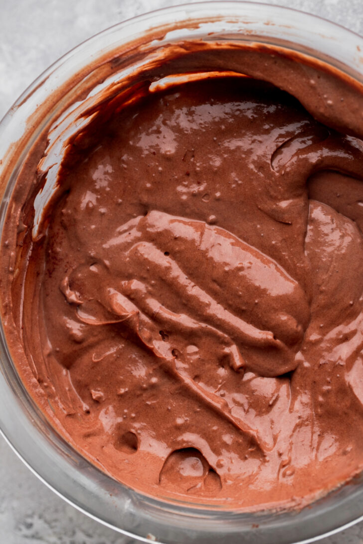 Chocolate cheesecake batter in the bowl.