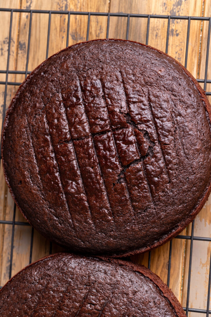 Cake layer on wire rack.