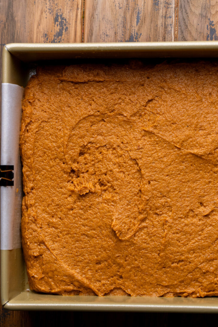 Cake batter in the pan.