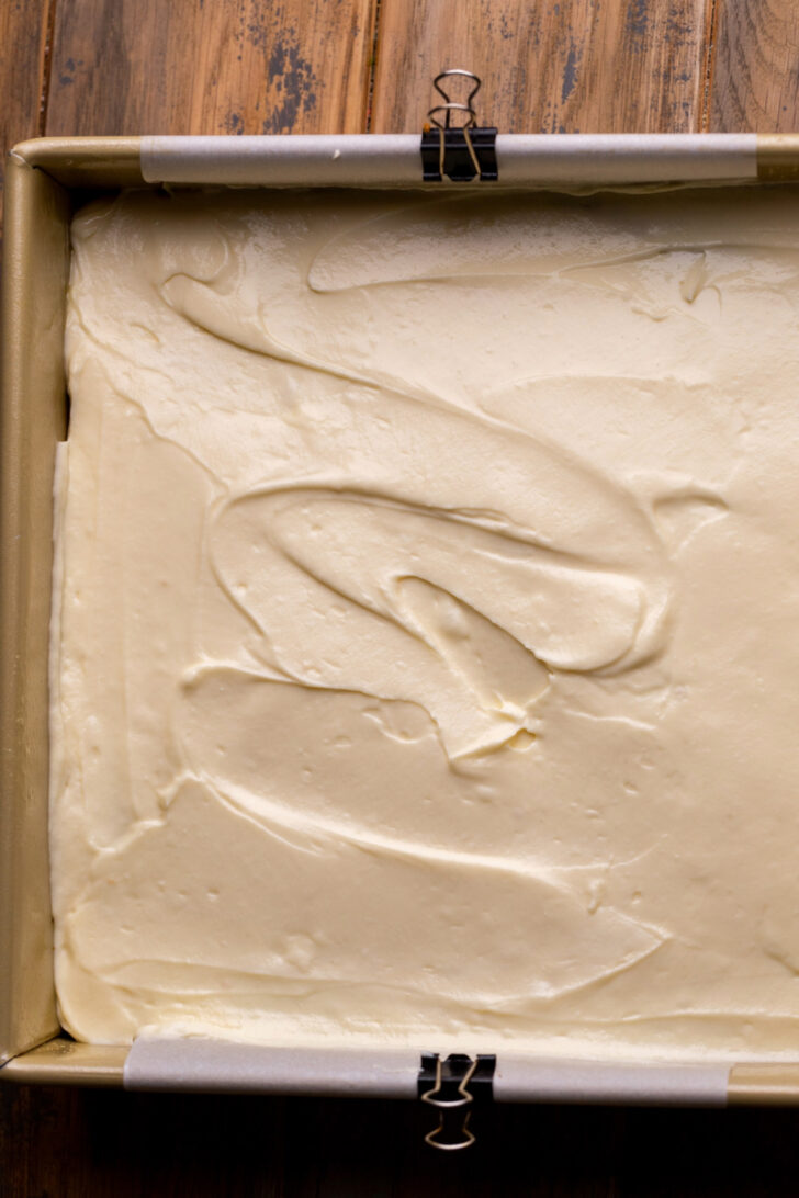 Cream cheese batter in the pan.